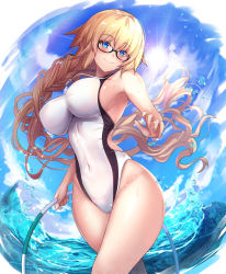 Rule 34 | 1girl, blonde hair, blue eyes, blue sky, blush, braid, breasts, cloud, competition swimsuit, covered navel, day, fate/grand order, fate (series), glasses, hair between eyes, hairband, hand up, highres, holding, hoop, hula hoop, impossible clothes, impossible swimsuit, jeanne d&#039;arc (fate), jeanne d&#039;arc (ruler) (fate), jeanne d&#039;arc (swimsuit archer) (fate), jeanne d&#039;arc (swimsuit archer) (second ascension) (fate), large breasts, long hair, looking at viewer, one-piece swimsuit, outdoors, sidelocks, single braid, sky, smile, solo, splashing, swimsuit, taut clothes, taut swimsuit, untue, very long hair, wading, whistle, whistle around neck, white one-piece swimsuit