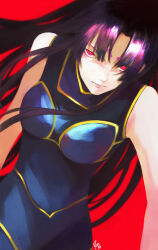 1girl absurdres bare_shoulders black_hair bodysuit breasts fate/grand_order fate_(series) frown furrowed_brow glaring highres leaning long_hair looking_at_viewer medium_breasts moedredd parted_bangs red_background serious taira_no_kagekiyo_(fate) ushiwakamaru_(fate)