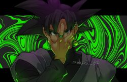 Rule 34 | 1boy, black eyes, black hair, dougi, dragon ball, dragon ball super, earrings, evil smile, gamubanku, goku black, green background, hand on own face, jewelry, long sleeves, looking at viewer, male focus, potara earrings, ring, single earring, smile, solo, spiked hair, thick eyebrows, upper body