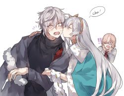 Rule 34 | !, !!, 1boy, 2girls, anastasia (fate), black sweater, blue cape, blush, cape, closed eyes, fate/grand order, fate (series), grey hair, kadoc zemlupus, kiss, kissing cheek, long hair, mash kyrielight, multiple girls, notice lines, open mouth, simple background, sound effects, surprised, sweater, waltz (tram), white background, wide-eyed, yellow eyes
