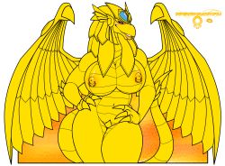 Rule 34 | 1girl, absurdres, breasts, female focus, furry, furry female, genderswap, genderswap (mtf), gold skin, highres, incredibly absurdres, large breasts, lipstick, makeup, mature female, nude, piercing, red eyes, smile, solo, winged dragon of ra, wings, yu-gi-oh!