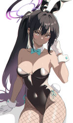 Rule 34 | 1girl, absurdres, akagi koku, black hair, blue archive, breasts, cleavage, gloves, highres, karin (blue archive), karin (bunny) (blue archive), leotard, long hair, looking at viewer, medium breasts, playboy bunny, ponytail, shiny skin, simple background, solo, very long hair, white gloves, wide hips, yellow eyes