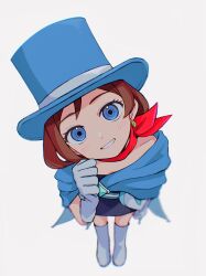 Rule 34 | 0tz026, 1girl, ace attorney, apollo justice: ace attorney, blue cape, blue hat, blush, brown hair, cape, diamond earrings, dress, earrings, hat, highres, jewelry, looking at viewer, magician, red scarf, scarf, smile, top hat, trucy wright