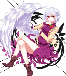 Rule 34 | 1girl, bad id, bad pixiv id, bare legs, boots, braid, breasts, covering own mouth, crossed legs, dress, french braid, hand to own mouth, high heel boots, high heels, highres, jacket, kishin sagume, legs, medium breasts, purple dress, red eyes, sheya, short dress, silver hair, single wing, solo, thighs, touhou, wings