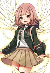 Rule 34 | 1girl, backpack, bag, blush, breasts, brown eyes, brown hair, collared shirt, commentary request, cowboy shot, danganronpa (series), danganronpa 2: goodbye despair, dress shirt, feathered wings, feathers, flipped hair, hair ornament, hairclip, happy, hood, hood down, jacket, long sleeves, looking at viewer, medium breasts, miniskirt, nanami chiaki, neck ribbon, nico (nico alice), open clothes, open jacket, open mouth, pink eyes, pink ribbon, pleated skirt, ribbon, shirt, skirt, smile, solo, teeth, thighhighs, upper teeth only, white shirt, wings