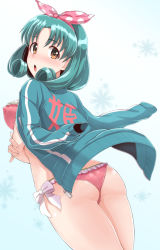 Rule 34 | 10s, 1girl, ass, bikini, blush, breast hold, breasts, brown eyes, butt crack, commentary request, crossed arms, dan (orange train), frilled bikini, frills, from behind, green hair, hair ribbon, hairband, idolmaster, idolmaster million live!, jacket, jacket on shoulders, large breasts, looking back, open mouth, pink bikini, ribbon, short hair, side-tie bikini bottom, sideboob, simple background, solo, standing, swimsuit, tokugawa matsuri, track jacket