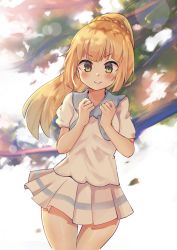 Rule 34 | 1girl, absurdres, blonde hair, blurry, blurry background, blush, closed mouth, commentary, creatures (company), falling leaves, floating hair, game freak, green eyes, hands up, highres, leaf, lens flare, lillie (pokemon), long hair, looking at viewer, nintendo, pleated skirt, pokemon, pokemon sm, saki (14793221), shiny skin, short sleeves, skirt, smile, solo