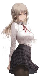 Rule 34 | 1girl, arms behind back, black pantyhose, blue eyes, braid, breasts, grey skirt, highres, kim eb, large breasts, long hair, looking at viewer, mole, mole under eye, original, own hands together, pantyhose, plaid, plaid skirt, pleated skirt, red ribbon, ribbon, school uniform, shirt, simple background, skirt, sleeve cuffs, solo, standing, thighband pantyhose, white background, white shirt
