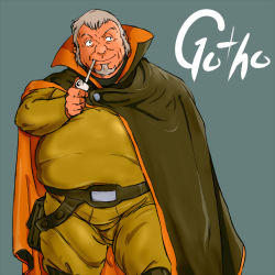 Rule 34 | 1boy, bouleuse gotho, cape, facial hair, fat, fat man, grey hair, male focus, old, old man, smoking pipe, pipe in mouth, solo, soukou kihei votoms