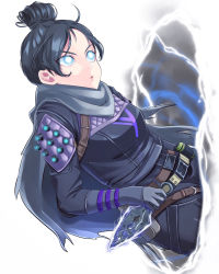 Rule 34 | 1girl, :o, animification, apex legends, black bodysuit, black hair, black scarf, blue eyes, bodysuit, breasts, electricity, glowing, glowing eyes, hair behind ear, hair bun, highres, holding, holding knife, knife, kunai, leaning back, medium breasts, parted bangs, portal (object), re mistar, scarf, single hair bun, solo, weapon, white background, wraith (apex legends)