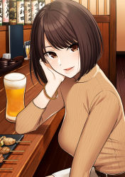 Rule 34 | 1girl, :d, alcohol, beer, belt, blush, bob cut, bracelet, breasts, brown belt, brown eyes, brown hair, commentary, counter, food, glass, gyouza teishoku, hair strand, hand on own face, highres, izakaya, jewelry, kebab, long sleeves, looking at viewer, medium breasts, open mouth, original, ribbed sweater, short hair, sitting, skewer, smile, solo, sweater, tan sweater, turtleneck, turtleneck sweater, wainscoting, wooden floor, yakitori