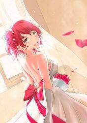 Rule 34 | 1girl, absurdres, bare shoulders, blush, bow, breasts, brown eyes, dress, earrings, flower, gloves, hair bow, highres, jewelry, looking at viewer, looking back, medium breasts, open mouth, pink hair, shisui ao, short hair, sideboob, simple background, smile, solo, wedding dress, white gloves, yahari ore no seishun lovecome wa machigatteiru., yuigahama yui