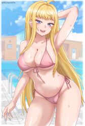 Rule 34 | 1girl, absurdres, ahoge, arm behind head, arm up, armpits, bare arms, bare shoulders, bikini, blonde hair, blue eyes, blue nails, blue sky, blush, border, breasts, building, cloud, commentary, contrapposto, cowboy shot, day, dosanko gal wa namaramenkoi, eclyart, front-tie bikini top, front-tie top, fuyuki minami, gluteal fold, halterneck, highres, large breasts, long hair, looking at viewer, nail polish, navel, open mouth, outdoors, outside border, pink bikini, pool, pool ladder, poolside, side-tie bikini bottom, sky, smile, solo, standing, stomach, swimsuit, teeth, tongue, twitter username, underboob, upper teeth only, very long fingernails, very long hair, water, wet, white border
