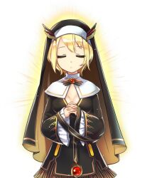 Rule 34 | 1girl, alice (master of eternity), black dress, blonde hair, breasts, cleavage, cleavage cutout, closed eyes, closed mouth, clothing cutout, cowboy shot, dot nose, dress, game cg, gem, glowing, habit, hat ornament, long sleeves, master of eternity, medium breasts, non-web source, nun, official art, own hands clasped, own hands together, red brooch, red gemstone, short dress, short hair, simple background, solo, straight-on, transparent background