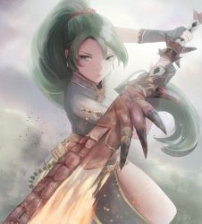 Rule 34 | 1girl, dress, earrings, fighting stance, fingerless gloves, fire emblem, fire emblem: the blazing blade, gloves, green eyes, green hair, high ponytail, holding, holding weapon, jewelry, leonmandala, long hair, looking at viewer, lyn (fire emblem), monster hunter (series), nintendo, ponytail, slashing, solo, standing, weapon