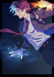 Rule 34 | 1boy, artist name, belt, belt buckle, black border, black pants, blue background, blue eyes, boku no hero academia, border, brown belt, brown jacket, buckle, burn scar, collared shirt, commentary request, dress shirt, fire, flaming hand, floating hair, glowing, glowing eyes, hand up, highres, ice, jacket, lapels, male focus, multicolored hair, necktie, open clothes, open jacket, outside border, pants, parted lips, profile, red hair, red necktie, remsor076, scar, scar on face, school uniform, shirt, shirt tucked in, short hair, solo, split-color hair, teeth, todoroki shouto, twitter username, two-tone hair, u.a. school uniform, v-shaped eyebrows, white hair, white shirt, wing collar