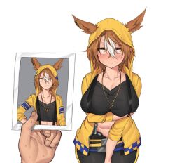 Rule 34 | 1girl, alternate breast size, animal ears, arm under breasts, ascot, averting eyes, awkward, black shirt, blush, brown hair, commentary request, dictus striker, ears through headwear, fukuro (maruaru00), grin, hair between eyes, highres, holding, holding photo, hood, hooded jacket, horse ears, horse girl, jacket, jewelry, long sleeves, midriff, multicolored hair, navel, nervous sweating, open clothes, open jacket, pendant, photo (object), pov, pov hands, shirt, simple background, smile, sweat, sweatdrop, two-tone hair, umamusume, umamusume: cinderella gray, white background, white hair, yellow ascot, yellow eyes, yellow jacket