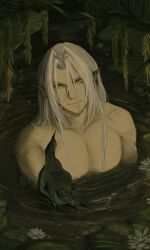 Rule 34 | 1boy, almondtofu boy, alternate species, alternate universe, bare pectorals, branch, claws, commentary, english commentary, final fantasy, final fantasy vii, fins, flower, green eyes, grey hair, hand up, head fins, highres, in water, large pectorals, lily pad, long bangs, long hair, male focus, muscular, muscular male, night, outdoors, outstretched hand, parted bangs, pectorals, reaching, reaching towards viewer, ripples, scales, sephiroth, slit pupils, smile, smirk, solo, square enix, topless male, upper body, webbed hands, wet, wet hair, wetland, white flower