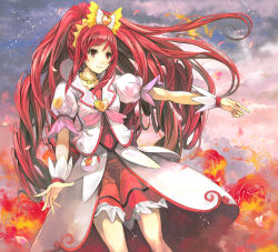 Rule 34 | 1girl, brooch, cloud, cure ace, dokidoki! precure, fire, flower, heart, heart brooch, light smile, long hair, madoka aguri, outstretched arm, petals, ponytail, precure, red eyes, red hair, red skirt, rose, skirt, sky, solo, toromi chuuka
