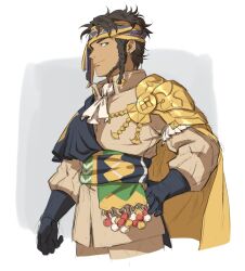Rule 34 | 1boy, armor, black gloves, brown hair, cape, claude von riegan, cowboy shot, earrings, facial hair, fire emblem, fire emblem: three houses, fire emblem warriors: three hopes, gloves, green eyes, headband, highres, jewelry, looking to the side, maiqo, male focus, nintendo, official alternate costume, official alternate hairstyle, shoulder armor, simple background, single earring, sketch, solo, solo focus, yellow cape