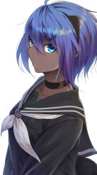 Rule 34 | 1girl, ahoge, alternate costume, black choker, black hairband, black serafuku, blue eyes, blue hair, breast pocket, choker, commentary request, dark-skinned female, dark skin, fate/prototype, fate/prototype: fragments of blue and silver, fate (series), from side, hair between eyes, hair ornament, hairband, hairclip, hassan of serenity (fate), highres, long sleeves, looking at viewer, neckerchief, parted lips, pocket, school uniform, serafuku, short hair, shunga (shun608), sidelocks, sideways glance, simple background, solo, upper body, white background, white neckerchief