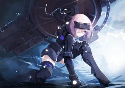 Rule 34 | 1girl, arm support, armor, armored leotard, black armor, black leotard, black thighhighs, covered eyes, electricity, fate/grand order, fate (series), hair over one eye, head-mounted display, holding, holding shield, leotard, looking away, mash kyrielight, mash kyrielight (ortenaus), on one knee, parted lips, pink hair, revision, shield, short hair, solo, superhero landing, thighhighs, yunar