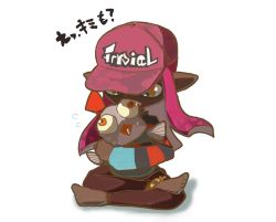 Rule 34 | 1girl, anklet, artist name, barefoot, baseball cap, biting, brown pants, bulging eyes, clothes writing, colored sclera, dark-skinned female, dark skin, fangs, female focus, fish, flying sweatdrops, full body, hat, highres, hug, indian style, inkling, inkling girl, inkling player character, japanese text, jewelry, long hair, looking at another, looking down, nervous, nintendo, orange eyes, ori (9nhtmrni), pants, pink hair, pink headwear, pointy ears, red eyes, signature, simple background, sitting, smallfry (splatoon), splatoon (series), splatoon 3, striped clothes, striped sweater, sweat, sweater, talking, tentacle hair, translation request, twintails, twitter username, wall-eyed, white background, yellow sclera