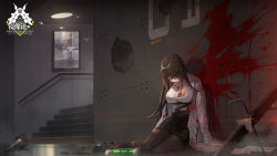 1girl, artist request, black legwear, black skirt, blood, blood splatter, bottle, breasts, brown hair, bug, butterfly, coat, concrete, cone, corpse, death, deep wound, game cg, girls frontline, grey background, high heels, highres, id card, injury, insect, labcoat, large breasts, leone (girls frontline), light particles, logo, long hair, map, official art, pantyhose, pencil skirt, pendulum, shirt, skirt, spoilers, stairs, torn clothes, torn legwear, white coat, white shirt