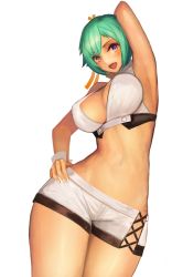 Rule 34 | 10s, 1girl, aquarion (series), aquarion evol, armpits, bad id, bad pixiv id, bare shoulders, breasts, fang, green hair, hands on own hips, large breasts, midriff, navel, purple eyes, short hair, short shorts, shorts, simple background, solo, yaoya musuko, zessica wong