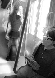 Rule 34 | 1boy, 1girl, backpack, bag, blush, book, collared shirt, commentary request, covered mouth, gakuran, glasses, greyscale, hair between eyes, hair ornament, hairclip, hand to own mouth, highres, holding, holding book, ittokyu, jacket, loafers, long hair, monochrome, open book, original, parted lips, pleated skirt, school uniform, shirt, shoes, signature, sitting, skirt, socks, standing, sunglasses, sweat, sweater, train interior, v-shaped eyebrows