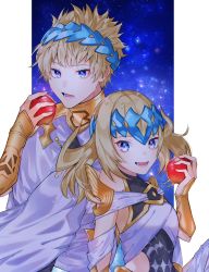 Rule 34 | 1boy, 1girl, apple, artist request, bad id, bad pixiv id, bare shoulders, black shirt, blonde hair, blue eyes, bracer, breasts, brother and sister, castor (fate), collar, diadem, fate/grand order, fate (series), food, fruit, highres, looking at viewer, medium hair, metal collar, night, night sky, open mouth, pollux (fate), robe, shirt, short hair, siblings, sky, small breasts, smile, star (sky), twins, white robe