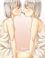 Rule 34 | 2girls, blush, dress, closed eyes, highres, imminent kiss, incest, jakelian, multiple girls, open mouth, original, pocky, pocky kiss, saliva, shared food, short hair, siblings, silver hair, sisters, sitting, tongue, twincest, twins, yuri