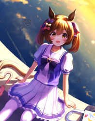 Rule 34 | 1girl, animal ears, bag, blush, bow, breasts, brown hair, collarbone, commentary request, feet out of frame, hair bow, handbag, highres, horse ears, horse girl, horse tail, kashmir 0808, looking at viewer, medium breasts, outdoors, pleated skirt, puffy short sleeves, puffy sleeves, purple bow, purple shirt, reflection, reflective water, ripples, sailor collar, school uniform, shadow, shirt, short sleeves, sitting, skirt, smart falcon (umamusume), smile, solo, sunset, tail, thighhighs, tracen school uniform, twintails, umamusume, umbrella, white skirt, white thighhighs, yellow eyes