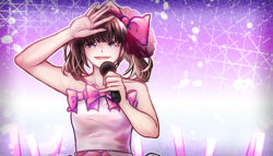 Rule 34 | bow, brown hair, commentary, dress, hungry laurel, microphone, pink dress, real life, sleeveless, sleeveless dress, strapless, strapless dress, tamura yukari, twintails, voice actor