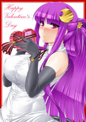 Rule 34 | 1girl, alternate costume, alternate hairstyle, black gloves, blush, box, breasts, condom, crescent, crescent hair ornament, elbow gloves, english text, female focus, gloves, hair ornament, happy valentine, large breasts, long hair, looking at viewer, namidame, patchouli knowledge, purple eyes, purple hair, sleeveless, smile, solo, touhou, valentine
