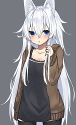 Rule 34 | 1girl, absurdres, animal ear fluff, blue eyes, camisole, cardigan, grey background, highres, holding, holding own hair, hood, hood down, hooded cardigan, long hair, long sleeves, looking at viewer, open cardigan, open clothes, original, pantyhose, shiren (utumu), simple background, white hair