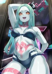 Rule 34 | 1girl, aqua hair, arm above head, artificial eye, black bra, black panties, blue skin, bra, breasts, cleavage, colored sclera, colored skin, cyberpunk (series), cyberpunk edgerunners, finger on trigger, gluteal fold, green eyes, gun, hair down, hand on own hip, handgun, highres, holding, holding weapon, indoors, leg tattoo, long hair, looking at viewer, mechanical eye, medium breasts, moisture (chichi), navel, neck tattoo, open mouth, panties, rebecca (cyberpunk), red pupils, red sclera, skindentation, smile, solo, steam, stomach tattoo, straight hair, strapless, strapless bra, tattoo, teeth, thighs, underwear, underwear only, upper teeth only, weapon, wet, wet clothes
