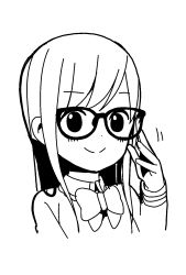 Rule 34 | 1girl, adjusting eyewear, bespectacled, blush, bow, collared shirt, commentary request, cropped torso, glasses, greyscale, high contrast, highres, hitori bocchi, hitoribocchi no marumaru seikatsu, katsuwo (cr66g), long hair, looking at viewer, monochrome, school uniform, shirt, simple background, smile, solo, white background