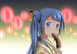 Rule 34 | 1girl, blue eyes, blue hair, blush, chocolate banana, commentary request, eating, food, hair ornament, holding, holding food, japanese clothes, kantai collection, kimono, lantern, looking at viewer, looking to the side, night, night sky, samidare (kancolle), side ponytail, sky, solo, summer festival, swept bangs, upper body, yamaneko suzume, yukata