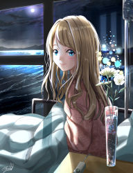 Rule 34 | 1girl, bad id, bad pixiv id, bed, blonde hair, blue eyes, cardigan, cloud, commentary, flower, full moon, highres, hospital bed, indoors, intravenous drip, light particles, light smile, looking at viewer, moon, mountainous horizon, night, ocean, on bed, original, pillow, pink cardigan, signature, sitting, solo, soragane (banisinngurei), swept bangs, under covers, vase, window