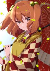 Rule 34 | 1girl, apron, bell, brown hair, character name, checkered clothes, checkered kimono, clothes writing, hair bell, hair ornament, highres, holding, holding umbrella, japanese clothes, jingle bell, kimono, light smile, long sleeves, looking at viewer, mashiba lei, motoori kosuzu, oil-paper umbrella, red eyes, solo, touhou, two side up, umbrella, upper body, wide sleeves