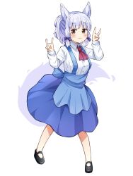 Rule 34 | 1girl, animal ears, apron, ascot, black footwear, blue apron, blue bow, blue hair, blue skirt, blunt bangs, blush, bow, brown eyes, closed mouth, collared shirt, double fox shadow puppet, eyelashes, fox ears, fox girl, fox shadow puppet, fox tail, full body, hair bow, half updo, hands up, hellfire00001, highres, long sleeves, looking at viewer, machikado mazoku, mary janes, no socks, red ascot, riko (machikado mazoku), shirt, shoes, short eyebrows, short hair, simple background, skirt, smile, solo, standing, suspenders, tail, white background, white shirt