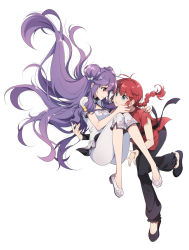 Rule 34 | 2girls, blue eyes, braid, braided ponytail, catching, chinese clothes, double bun, hair bobbles, hair ornament, hand on another&#039;s face, highres, lips, long hair, looking at another, multiple girls, open mouth, pinkori, purple hair, ranma-chan, ranma 1/2, red hair, saotome ranma, shampoo (ranma 1/2), sidelocks, simple background, single braid, smile, very long hair, white background