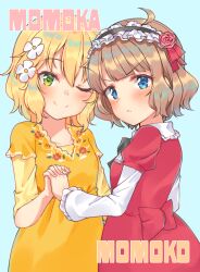 Rule 34 | 2girls, :&lt;, ahoge, back bow, black bow, black bowtie, blonde hair, blue background, blue eyes, blush, bow, bowtie, breasts, brown hair, character name, child, collar, commentary, cosplay, costume switch, dot nose, dress, floral print, flower, frilled hairband, frilled sleeves, frills, green eyes, hair between eyes, hair flower, hair ornament, hairband, hand up, highres, holding hands, idolmaster, idolmaster cinderella girls, idolmaster million live!, interlocked fingers, long sleeves, looking at viewer, multiple girls, one eye closed, print dress, red dress, rose, sakurai momoka, shiitake taishi, short hair, small breasts, smile, suou momoko, v-shaped eyebrows, wavy hair, white collar, white sleeves, yellow dress