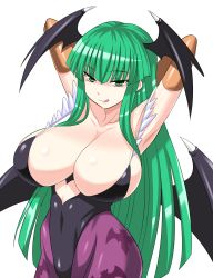 Rule 34 | 1girl, :q, animal print, armpits, arms up, bat print, breasts, capcom, cleavage, green eyes, green hair, head wings, highres, huge breasts, konno tohiro, long hair, matching hair/eyes, morrigan aensland, naughty face, pantyhose, patterned legwear, print pantyhose, simple background, smile, solo, tongue, tongue out, vampire (game), white background, wings