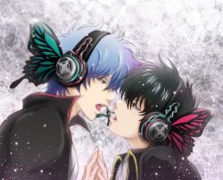 Rule 34 | 2boys, black eyes, black hair, blue hair, butterfly hair ornament, butterfly wings, face-to-face, gintama, hair ornament, headphones, hijikata toushirou, insect wings, magnet (vocaloid), male focus, multiple boys, parody, red eyes, sakata gintoki, shiroyasha, vocaloid, wings, yaoi