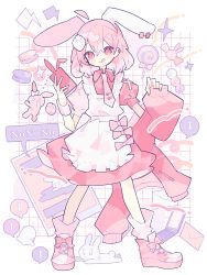 Rule 34 | 1girl, :q, animal ears, apron, blush, boots, bow, candy, cellphone, collared dress, commentary request, cross-laced footwear, dango, dress, ear piercing, food, food-themed hair ornament, footwear bow, hair between eyes, hair ornament, hatsushiro mamimu, highres, holding, holding clothes, holding phone, jacket, letter, lollipop, looking at viewer, macaron, maid, maid apron, medium hair, necktie, original, phone, piercing, pink bow, pink dress, pink eyes, pink footwear, pink hair, pink jacket, pink necktie, pink theme, puffy short sleeves, puffy sleeves, rabbit, rabbit ears, short sleeves, smartphone, solo, strawberry hair ornament, tongue, tongue out, wagashi, white apron