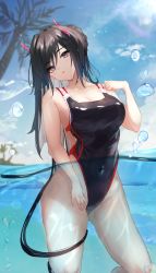 Rule 34 | 1girl, black eyes, black hair, black one-piece swimsuit, blue sky, braid, cleft of venus, cloud, competition swimsuit, covered navel, cowboy shot, day, hand on own thigh, highleg, highleg swimsuit, highres, long hair, looking at viewer, one-piece swimsuit, original, outdoors, palm tree, panipo, partially submerged, partially underwater shot, sky, solo, standing, swimsuit, tree, water