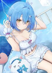 Rule 34 | &gt;3&lt;, 1girl, absurdres, adjusting hair, ahoge, alternate hairstyle, animal ears, bed, blue bow, blue hair, bow, breasts, camisole, cleavage, closed mouth, crossed bangs, elf, frilled camisole, frilled pillow, frills, furrowed brow, hair between eyes, hair ornament, hairpin, headband, heart, heart ahoge, heart-shaped pillow, highres, hololive, large breasts, looking at viewer, official alternate costume, pillow, pointy ears, polka dot camisole, short hair, sleepwear, syhan, upper body, virtual youtuber, white camisole, wrist cuffs, yellow eyes, yukihana lamy, yukihana lamy (loungewear), yukimin (yukihana lamy)
