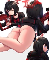 Rule 34 | absurdres, anti-materiel rifle, ass, black hair, blue archive, gun, halo, highres, huge ass, looking at viewer, mashiro (blue archive), purple eyes, rifle, school uniform, self-upload, short hair, sniper rifle, soruex, thick thighs, thighs, weapon, winged halo